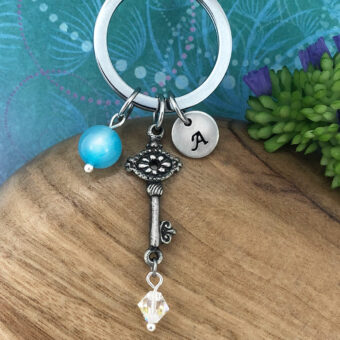 Key Keyring with Swarovski Crystal Dangle, Optional Personalised Initial Charm & Optional Natural Gemstone Charm