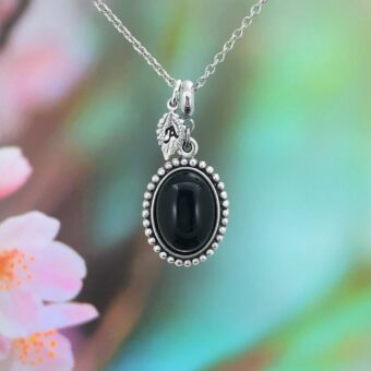 Black Onyx Necklace Personalised Necklace with Optional Leaf Initial